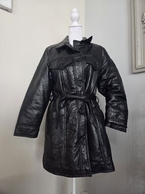 VINTAGE Black Leather Belted Trench Coat